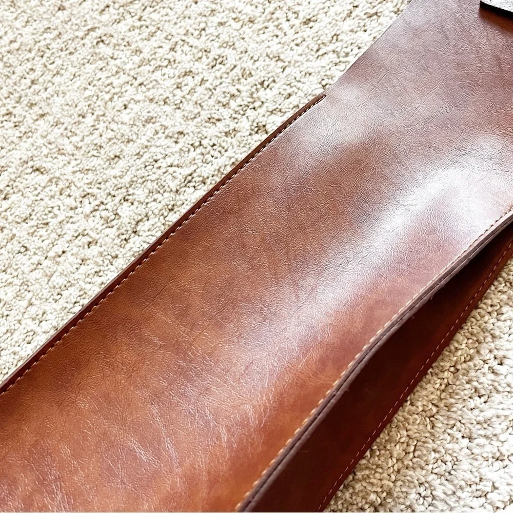 Brown Faux Leather Wine Carrier Tote Bag Top Metal Ring Handle Party Travel